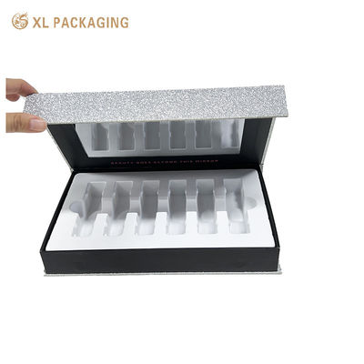 Μαγνητικό κουτί δώρου πολυτελείας Silver Glitter με καθρέφτη και προσαρμόσιμο δίσκο PVC για συσκευασία καλλυντικών